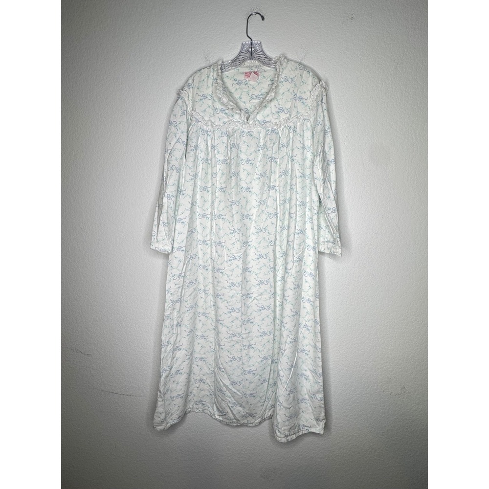 Honors Intimates Vintage Floral Cotton Nightgown White Blue Lace Trim XXL